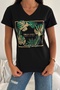 Women's Black V-Neck Tropical Leaf Sequin Sequin Embroidered 100% Cotton T-Shirt - 4