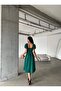 Women Green Square Collar A-Line Fit Short Balloon Sleeves Pleated Midi Evening Dress - 4