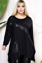 Pool Neck Long Sleeve Leather Blocked Saddle Pocket Stone Embroidered Relaxed Fit Asymmetric Hem Plus Size Blouse - 2