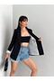 Double Breasted Collar Stripe Patterned Buttonless Blazer Jacket - 2