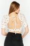 Women Queen Anne Neckline Puff Sleeve Polka Dots Top, White - 4