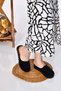 Black Women's Skin Suede Closed Daily Sabo Heeled Slippers with Stones and Buckles - 3