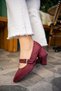 Betina Burgundy Suede Thick Heeled Double Buckle Detailed Thick Heeled Women's Heeled Shoes - 6