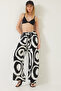 Women's Black and White Waist-Tie Patterned Viscose Trousers 60261358