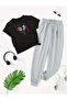 Rose and Butterfly Printed T-Shirt Sweatpants Jogger Casual Fit Black Tracksuit Set