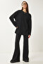Comfortable Ribbed Knitted Blouse and Pants Set Black Lrg0014 - 2