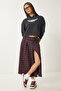 Belted Checkered Flared Woven Skirt Bordo Black Lns0015 - 2