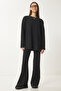 Comfortable Ribbed Knitted Blouse and Pants Set Black Lrg0014