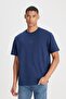 Loose Fit Relaxed Fit 100% Cotton Crew Neck Navy Blue T-Shirt - 2