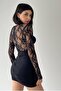Women's Lining Lace Fabric Low-Cut Design Black Mini Dress 331 - 3