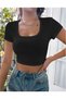 Women's Black Square & Pool Collar Crop T-Shirt, Lycra Corded Camisole Fabric - 2