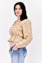 Women Square Neck Long Sleeves Floral Print Blouse, Tan - 2
