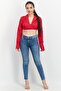 Women Notched Collar Long Sleeve Textured Crop Top, Red - 4