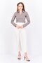 Women Spread Collar Long Sleeves Jacquard Pattern Crop Top, Pink - 4