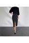 Black Striped Fabric Front Mid Slit Midi Length Lined Skirt - 2