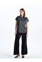Black Stand Collar Shiny Look Women's T-Shirt - 2