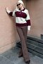 Burgundy Buttoned Polo Neck Striped Women's Sweater Mg2286 - 4