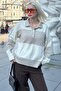 Beige Buttoned Polo Neck Striped Women's Sweater Mg2286 - 5