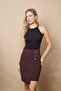 Women's Back Zipper Button Detailed Lightweight Lycra Fabric Above Knee Pencil Skirt - Brown - 3