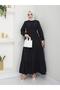 Women's Hijab Black Long Belted Stylish Modern Terciopel Dress with Buttons on the Front - 4