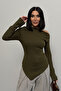 Women's Khaki Draped Boat Neck Asymmetrical Lycra Knitted Blouse - 6