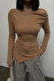 Women's Biscuit Draped Boat Neck Asymmetrical Lycra Knitted Blouse - 5