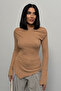 Women's Biscuit Draped Boat Neck Asymmetrical Lycra Knitted Blouse - 4