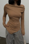 Women's Biscuit Draped Boat Neck Asymmetrical Lycra Knitted Blouse - 6