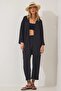 Women's Black Pocketed Pipe Leg Kimono Bottom and Top Set - 4