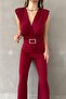Burgundy Sandy Fabric Padded Belt Detail Jumpsuit - 2