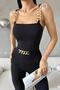 Black Front and Strap Chain Detail Imported Crepe Fabric Jumpsuit - 3