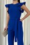 Blue Crepe Fabric Sleeves Flywheel Detail Belted Belted Jumpsuit - 4