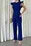 Blue Crepe Fabric Sleeves Flywheel Detail Belted Belted Jumpsuit - 3