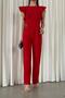 Red Crepe Fabric Sleeves Flywheel Detail Belted Belted Jumpsuit