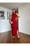 Scuba Fabric Evening Dress - Rose and Stone Detail, Bust Cutout and Slit - 3