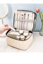 Women's Makeup Bag, Beige Leather, Transparent, Double Compartment, Travel Suitcase Organizer Bag - 4