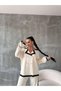Women's Ecru Gold Buttoned Striped Knitwear Cardigan and Palazzo Trousers Top and Bottom Set Oversize Double Suit - 5
