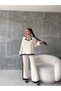 Women's Ecru Gold Buttoned Striped Knitwear Cardigan and Palazzo Trousers Top and Bottom Set Oversize Double Suit - 6