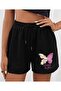 Women's Floral Butterfly Printed Bermuda Pocket Corded Comfortable Fit Black Shorts