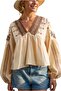 Women's Brown Beige Floral Ethnic Embroidered Long Sleeve Embroidered Cotton Blouse
