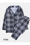Boy's Cotton Gray White Plaid Fabric Shirt Collar Button-Down Seasonal Pajamas Set