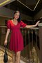 Women's Stretchy Crepe Fabric V Neck Princess Sleeve Flared Burgundy Mini Evening Dress 581673 - 4