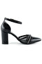 Molly Black Patent Leather Pointed Toe Stone Mesh Thick Heeled Evening Dress Shoes - 4