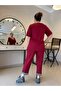 Burgundy Stripe Detailed Large Size Bottom-Top Set with Pockets - 4
