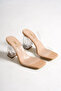 Women's Beige Double-Strapped and Transparent Heel Detailed Medium Heeled Slippers