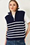 Women's Navy Blue White Zippered Thessaloniki Knitted Sweater 20247578 - 4