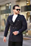 Men's New Season Button Detailed Slim Fit Double Breasted Lapel Navy Blue Stamp Coat - 3