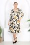 Women's Black Yellow Floral Pattern V Neck Three Quarter Sleeve Plus Size Stretchy Dress - 3
