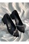 Nelly Black Satin Stone Ribbon 4 cm Heel Shoes - 2