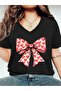 Women's V-Neck Black T-Shirt Printed Oversized Casual